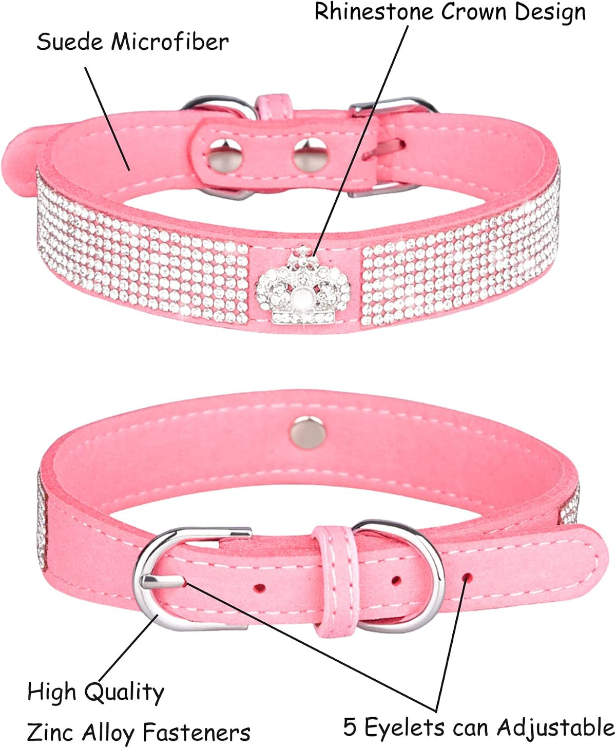 Bling Dog Collar for Small Medium Large Dogs, Crown Rhinestone Dog Collars for Girl and boy Dog, Diamond Puppy Collars, Adjustable Leather Suede SOFE Cat Collar (S(10.6"-13"/27CM-33CM), Pink)