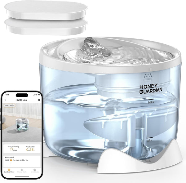 HoneyGuardian Cat Water Fountain,Battery Operated Smart Pet Fountain, 2.4G/5G WiFi App Monitoring Pumpless Cat Water Dispenser, 2.5L/84oz Automatic Water Dispenser for Drinking