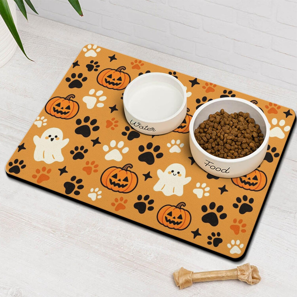 Fall Pumpkin Dog Food & Water Mat, Paw Prints Autumn Pet Feeding Mat for Floor Non-Slip Waterproof, Super Absorbent Cat Bowl Mat, Easy to Clean Eco-Friendly Durable Pet Placemat,12" × 20"