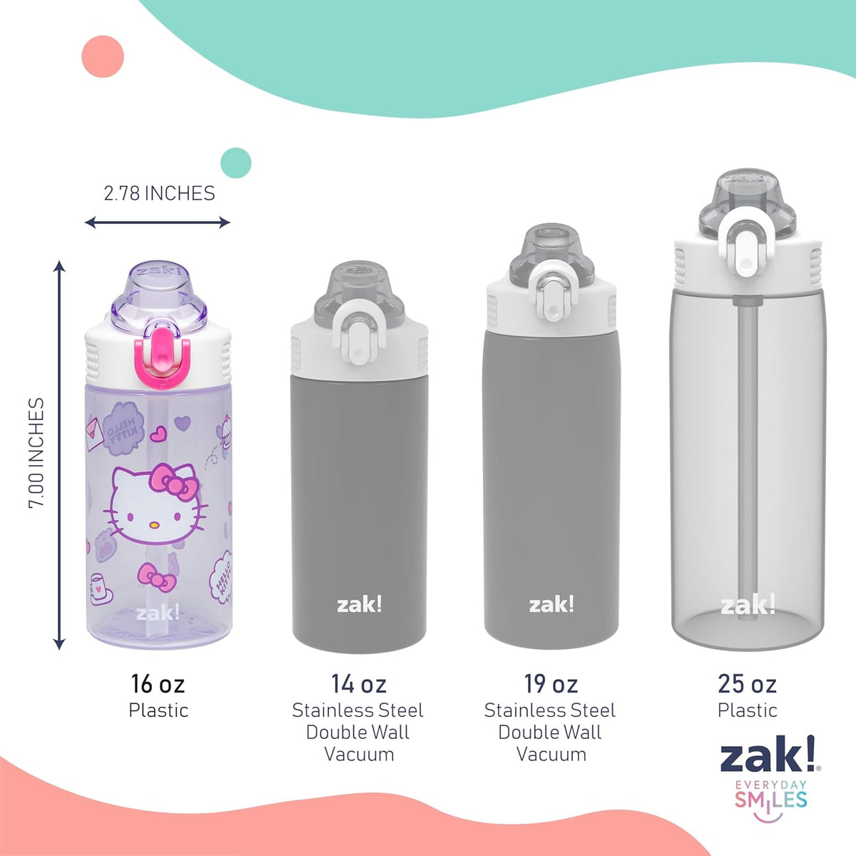 Zak Designs Sanrio Hello Kitty Sage 16oz Leak-Proof Straw Kids Water Bottle | BPA Free, Durable Plastic, Cupholder Friendly, Dishwasher Safe, Easy to Clean, Lid Lock, Handle, For School, Home, Travel