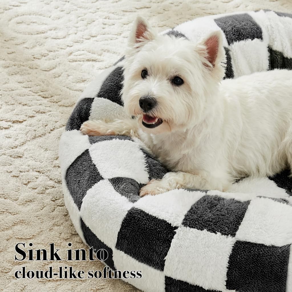 Ohocut Checkered Dog Bed, Cute Black White Retro Style Aesthetic Round Warming Pet Calming Beds for Small Dog and Cats, Plush Cozy Donut Dog Beds Washable, 30" L x 30" W x 8" Th