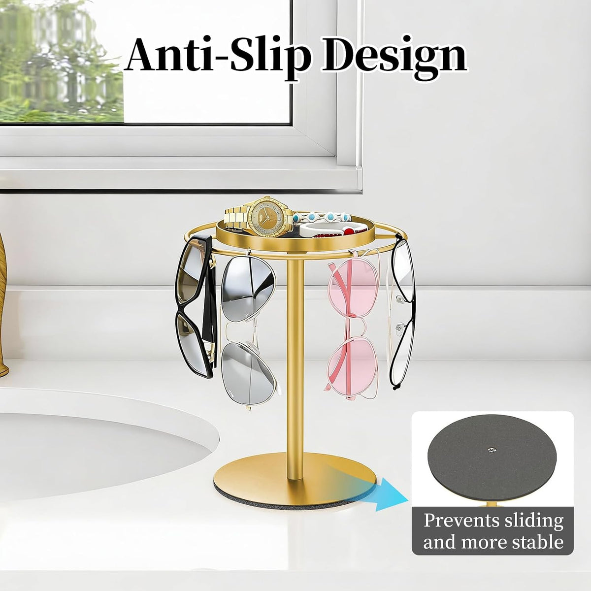 LSK Metal Sunglasses Organizer, Glasses Holder Stand with Storgae Tray, Eyeglasses Holder with Anti-Slip Pads for Tabletop, Desk, Dresser, Gold
