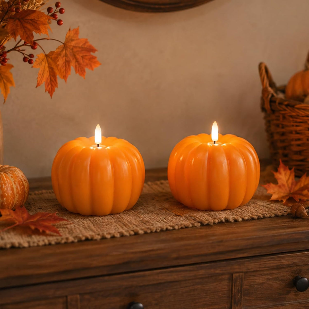 Fall Decor Pumpkin Flameless Candles Remote LED Candles Orange Set of 2