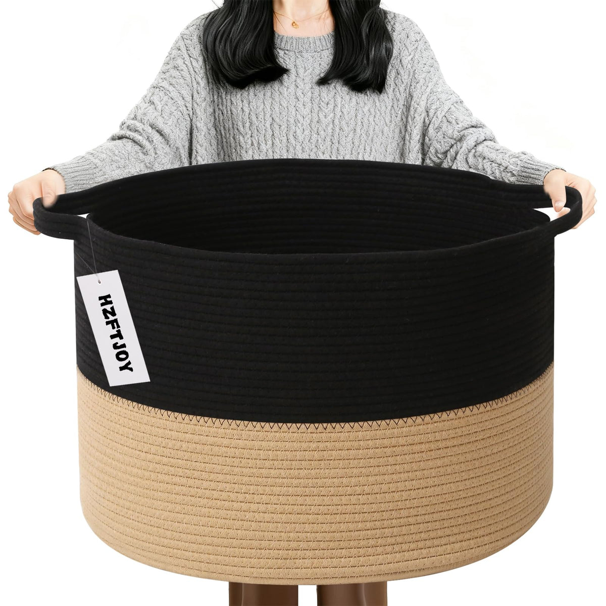 Large Woven Blanket Basket,65L Cotton Rope Laundry Basket Hamper with Handles, Decorative Nursery Basket Storage Bin for Toys, Clothes Organizer, Living Room, Bedroom, Bathroom, White & Brown