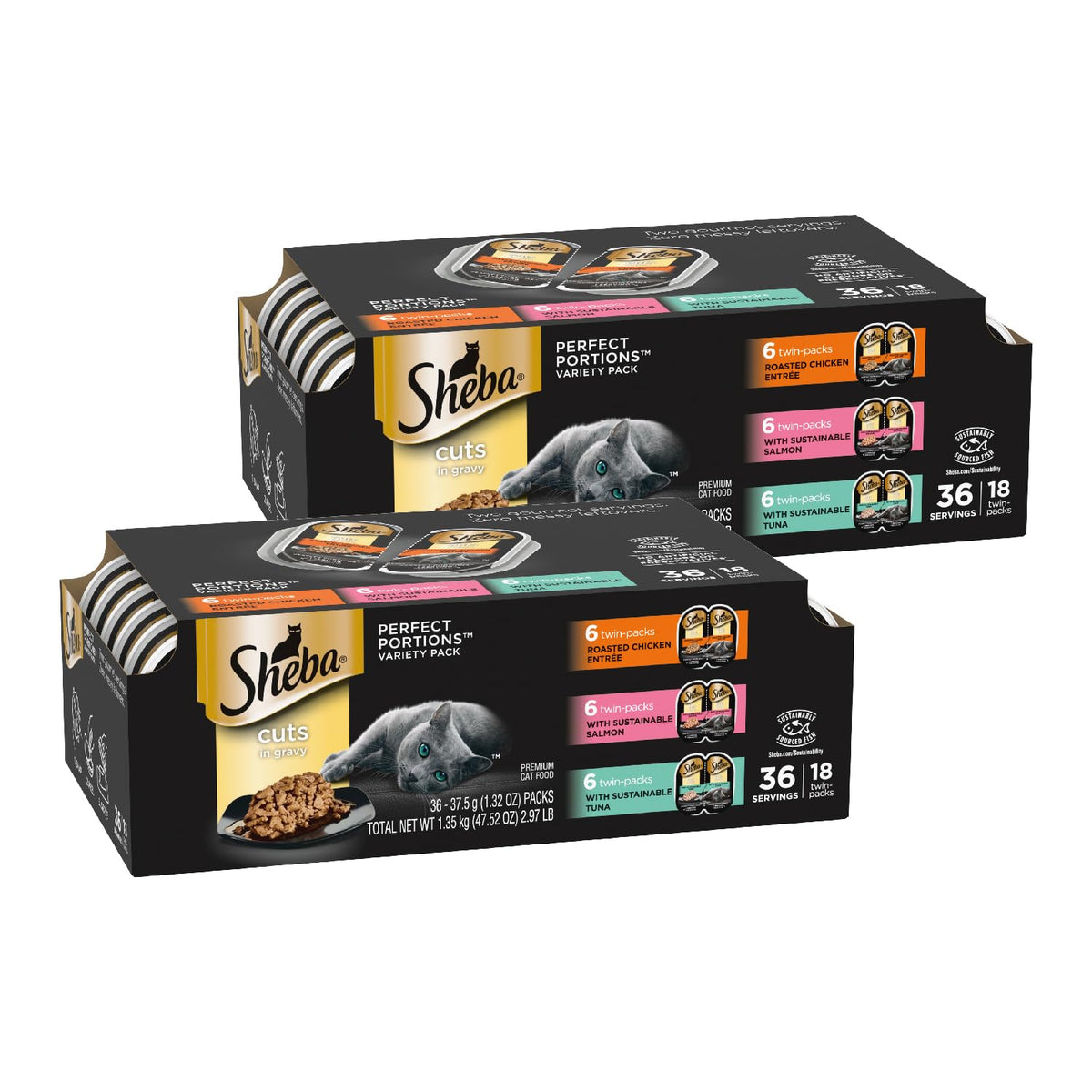 Sheba Perfect Portions Wet Cat Food Cuts in Gravy, Cat Food Wet Recipe, Roasted Chicken Entree, with Sustainable Salmon, Tender Turkey Entree, 2.6 oz. Twin-Pack Trays (24 Count, 48 Servings)