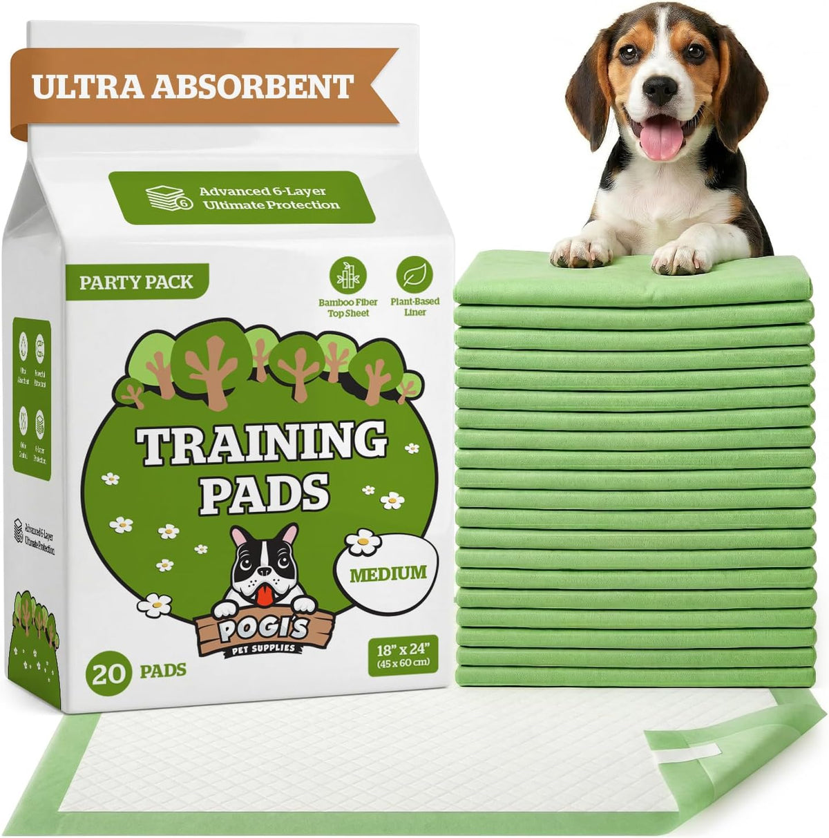 Pogi’s Puppy Pads with Sticky Tabs – Medium, Super Absorbent, Odor Blocking, 40-Count (18x24in)
