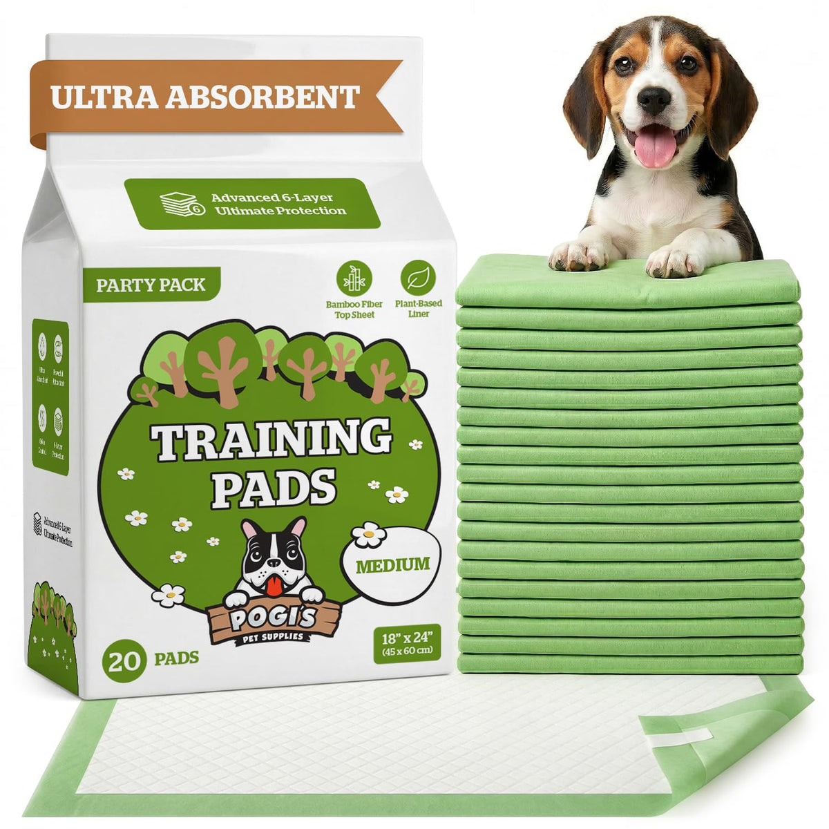 Pogi’s Puppy Pads with Sticky Tabs – Medium, Super Absorbent, Odor Blocking, 40-Count (18x24in)