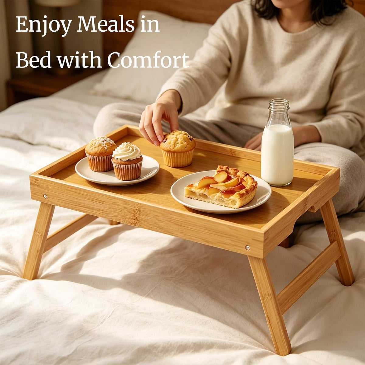 Fibogollo 2 Pack Bamboo Bed Tray Table with Folding Legs,Breakfast Trays,Serving Tray for Food and Snack,Laptop Trays for Working(Natural)