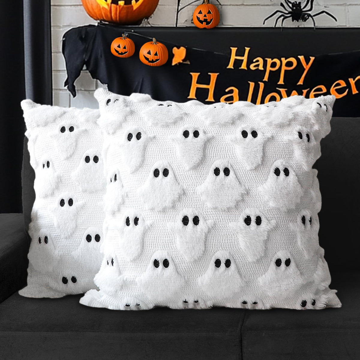 Halloween Ghost Decorative Pillow Covers 18x18 Set of 2, Beige Soft Plush Faux Fur Farmhouse Throw Cushion Cases for Fall Holiday Home Decorations