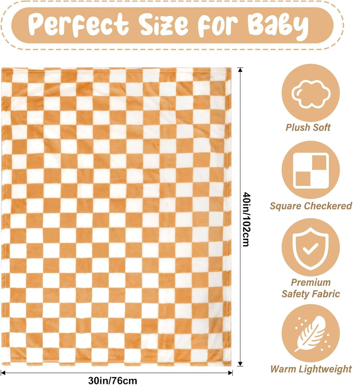 GreatBba Plush Checkered Baby Blanket,30 x 40 Inch Fleece,Orange White