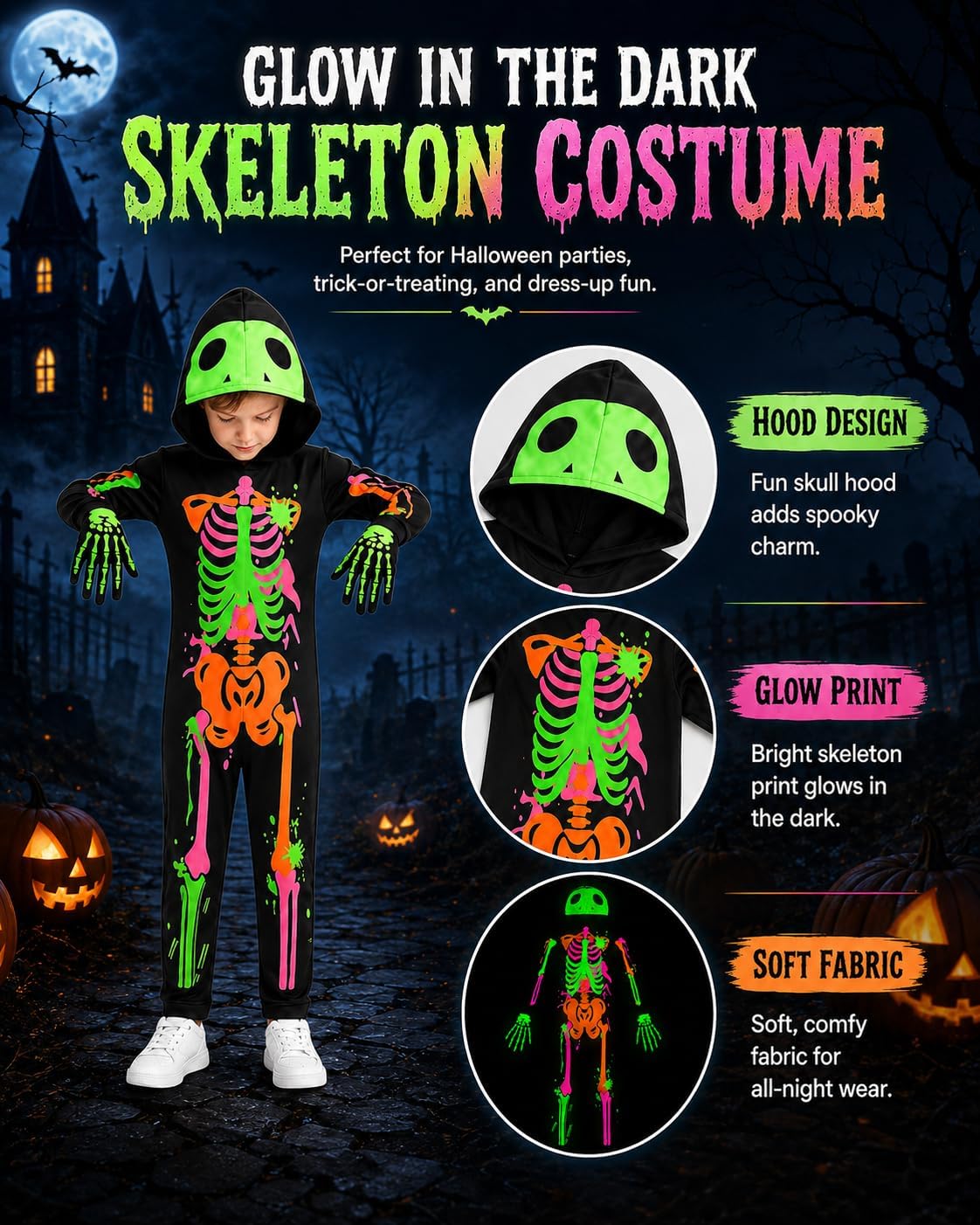 Glow in the Dark Colorful Skull Bones Jumpsuit Halloween Outfit for Kids Unisex Toddler Luminous Skeleton Costumes