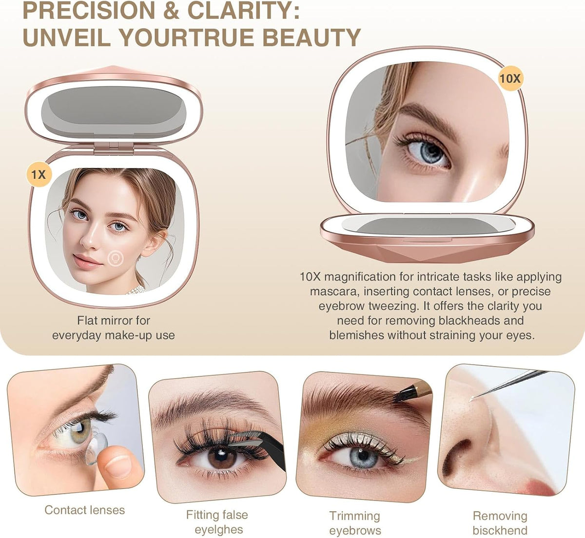 Travel Makeup Mirror with Light, 10X/1X Magnifying Compact Mirror for Purse, Portable Double Sided Folding Pocket Size, Dimmable LED & USB Rechargeable(Rose Gold)