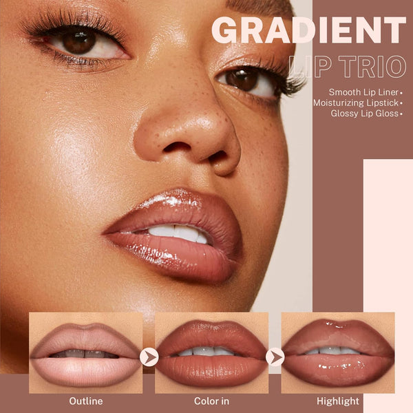 Noerrors 3Pcs Lip Combo Set, Lip Kit with Brown Plumping Lip Liner & Nourishing Lipstick & Nude Glossy Lip Gloss, Long-Lasting, Lightweight, Non-Sticky, Juicy Nude Pink Lip Contour Trio Set for Women