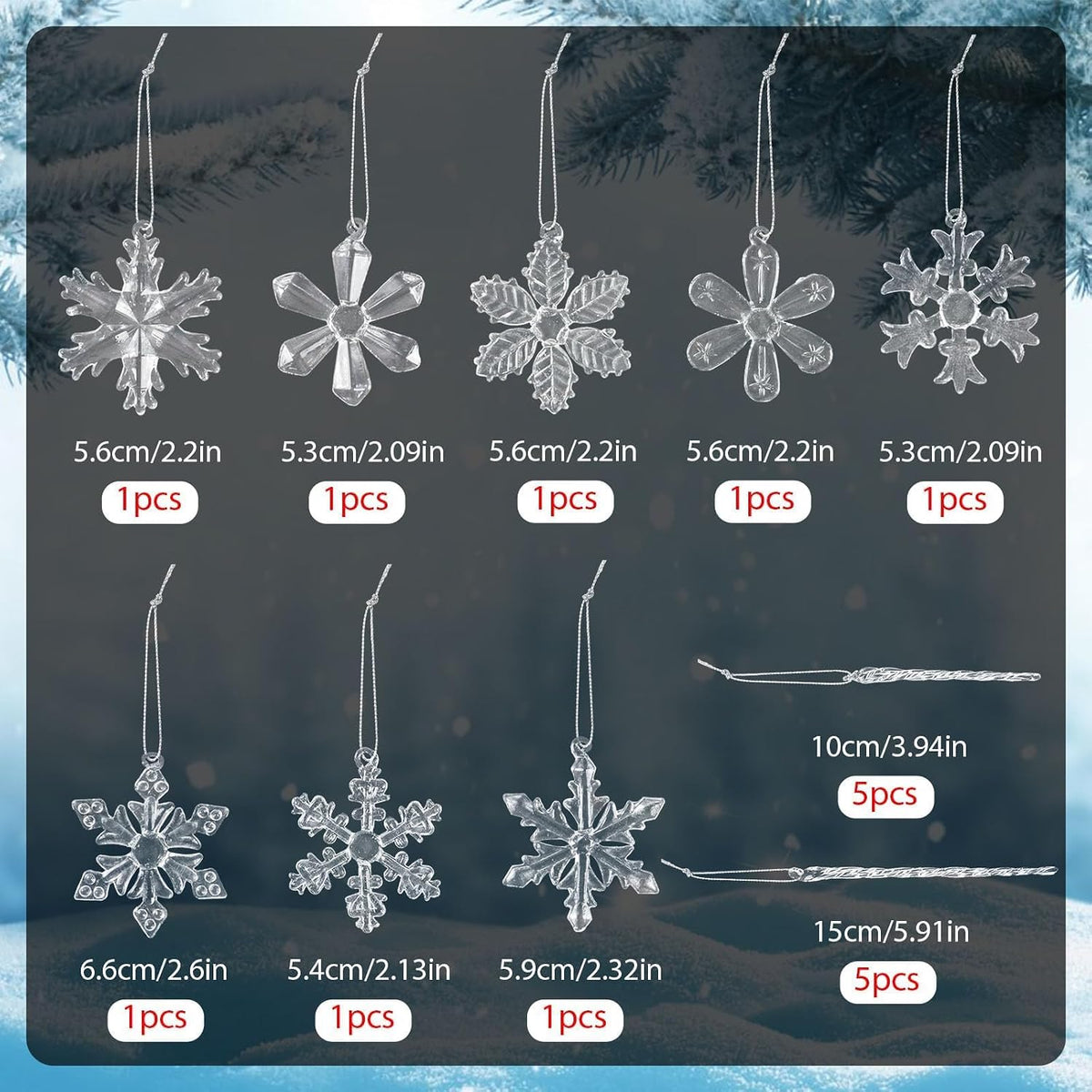 Glass Snowflake Icicle Ornaments for Christmas Tree Decorations - 18Pcs Clear Glass Ornaments Set for Christmas Tree Winter New Year Party Decor Supplies