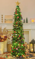 HMASYO 6 FT Pop Up Christmas Tree with 100 LED Timer Lights & Remote, Green Christmas Tinsel Tree, Collapsible Artificial Pencil Tree for Home Office Party Decor, USB Powered, Easy Assembly