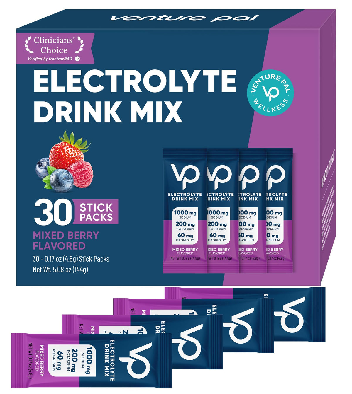 Venture Pal High Sodium Sugar-Free Electrolyte Powder Packets - Hydration Packets with Sodium, Potassium & Magnesium | Zero Calories | Keto, Vegan, and Paleo Friendly | 16 Sticks