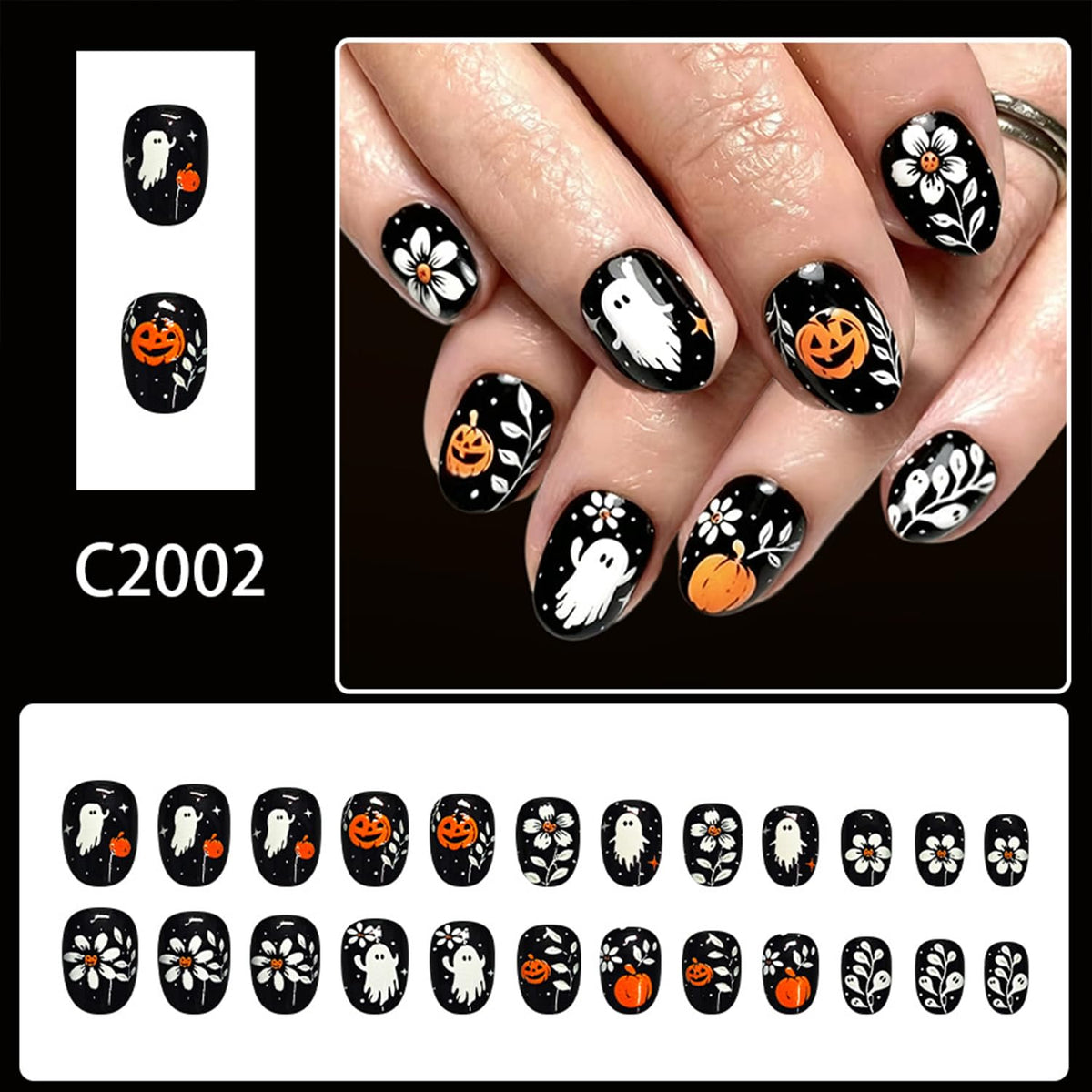 Halloween Black Press On Nails Short Oval Cute Ghost Pumpkin Fake Nails