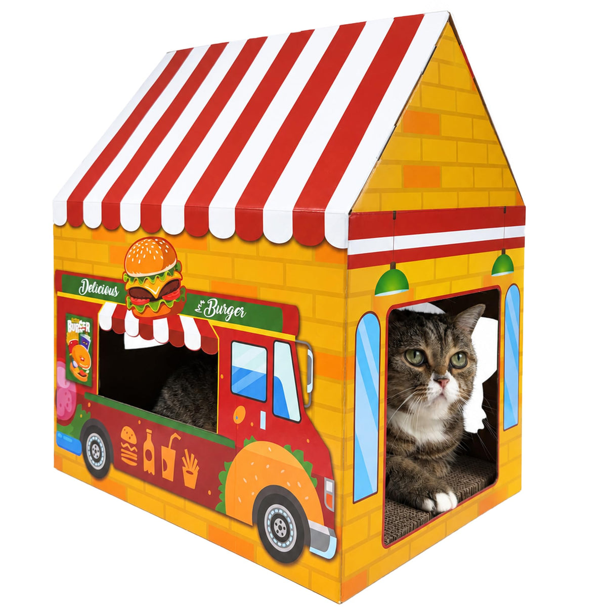 Cinrobiye Cardboard Cat House with Scratcher, Gothic Halloween Cat Scratcher Box with 2 Corrugated Scratch Pads, Open Top Indoor Cat Hideaway Bed for Cats and Kittens