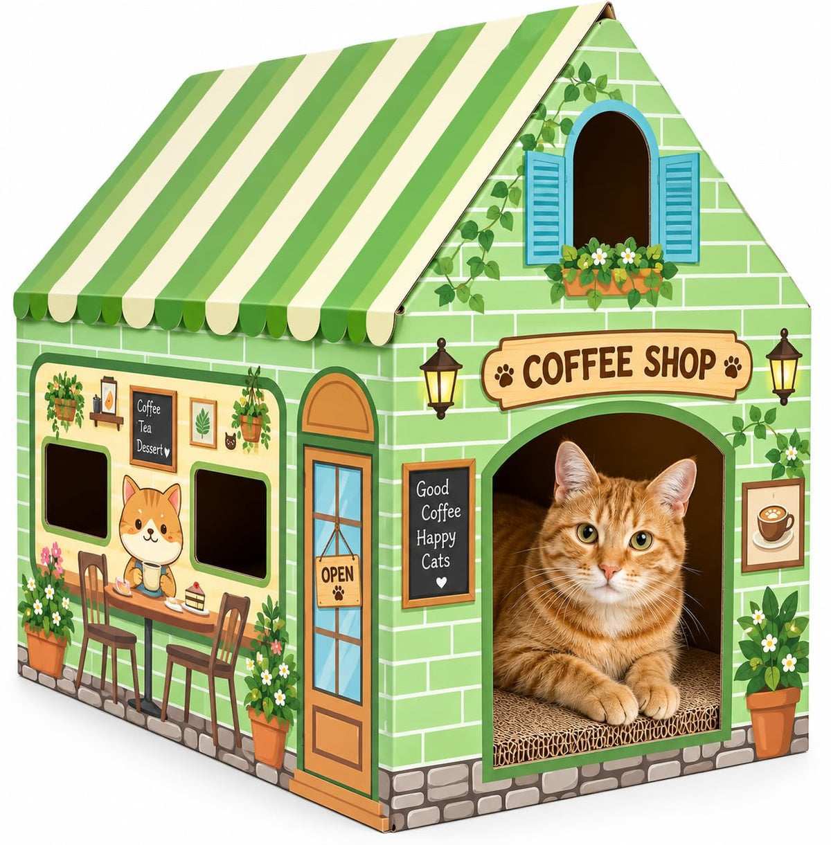 Cinrobiye Cardboard Cat House with Scratcher, Gothic Halloween Cat Scratcher Box with 2 Corrugated Scratch Pads, Open Top Indoor Cat Hideaway Bed for Cats and Kittens