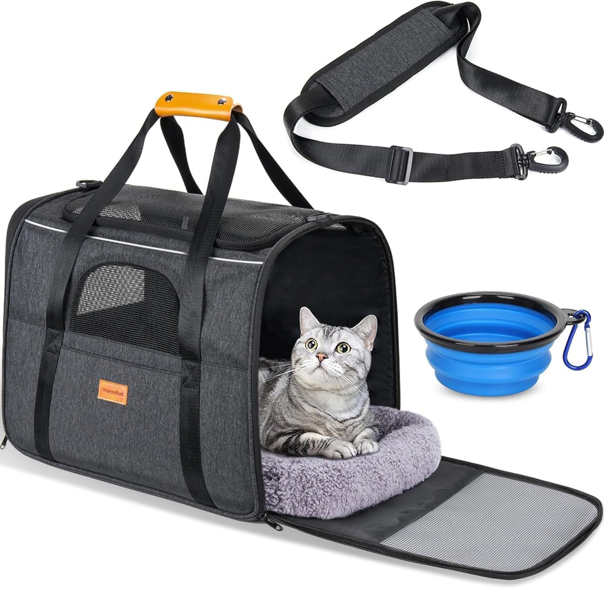 Morpilot Pet Carrier for Large Cats, Puppies & Small Dogs Up to 25lbs, Escape-Proof with Locking Zippers, Dual-Sided Cushion, Safety Buckle for Car & Vet Travel, Includes Foldable Bowl (Dark Gray)