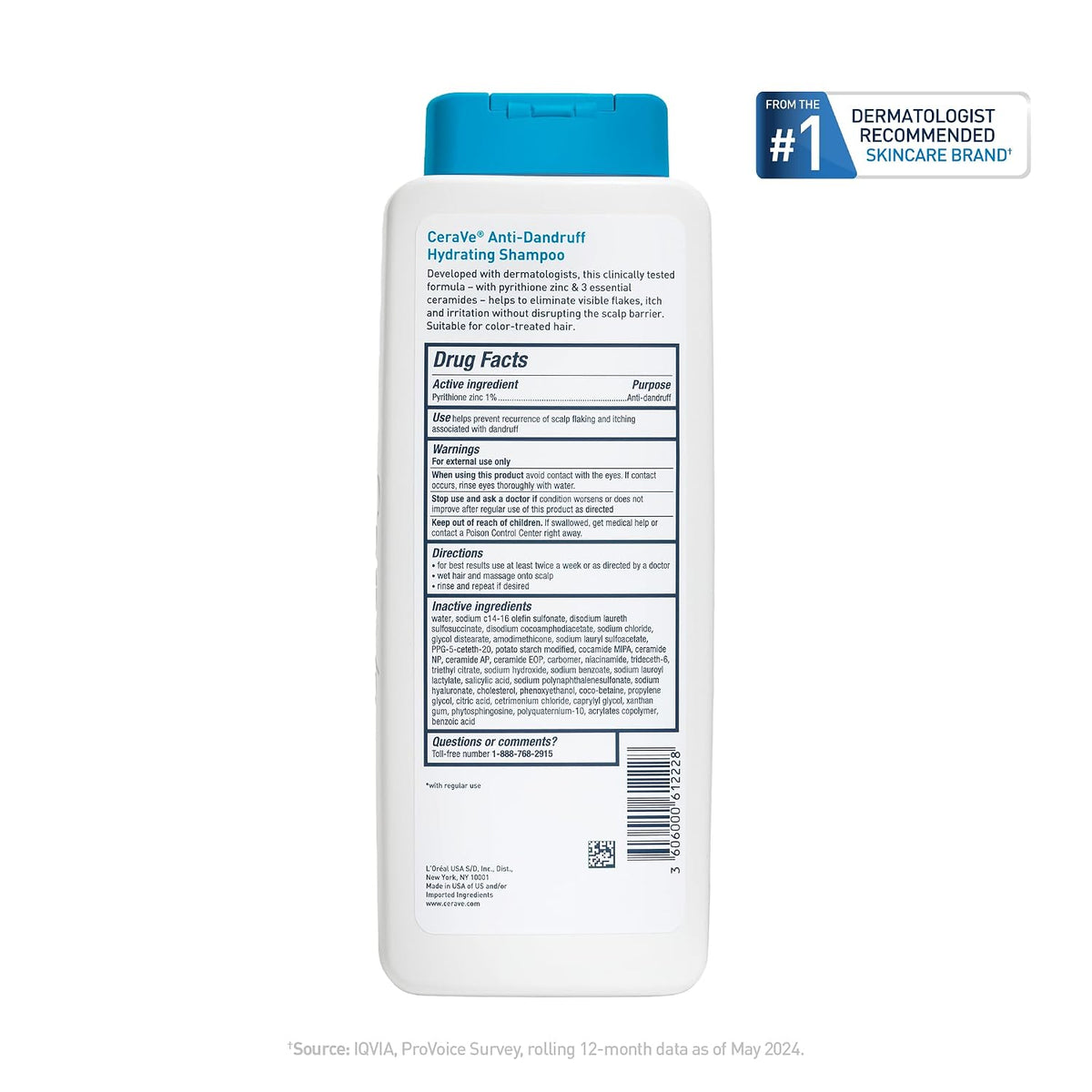CeraVe Hydrating Anti Dandruff Shampoo, 1% Pyrithione Zinc Dandruff Treatment With Ceramides, Niacinamide & Hyaluronic Acid, Helps Eliminate Flakes & Provides Itchy Scalp Relief, Sulfate Free, 12 Oz