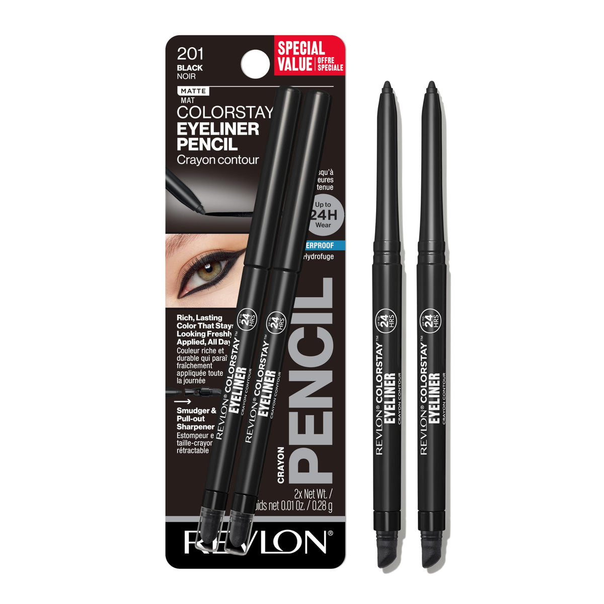 Revlon ColorStay Pencil Waterproof Eyeliner, Smudge-Proof, Eye Makeup with Built-In Sharpener, Long-Lasting, Matte Finish, 202 Black Brown, 0.01 oz