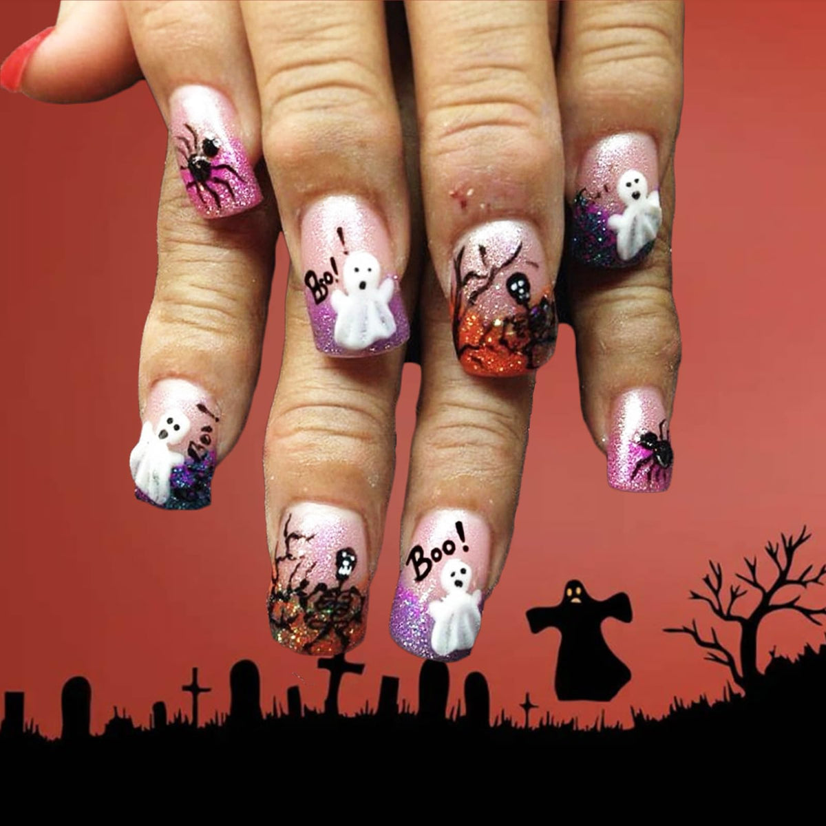 48Pcs Halloween Press on Nails Ghost Stick on Fingernails Monster Short Square False Nails Glossy Black Spider Web Acrylic Fake Nail Skull Gel Glue on Nail for Coquette Women Girls