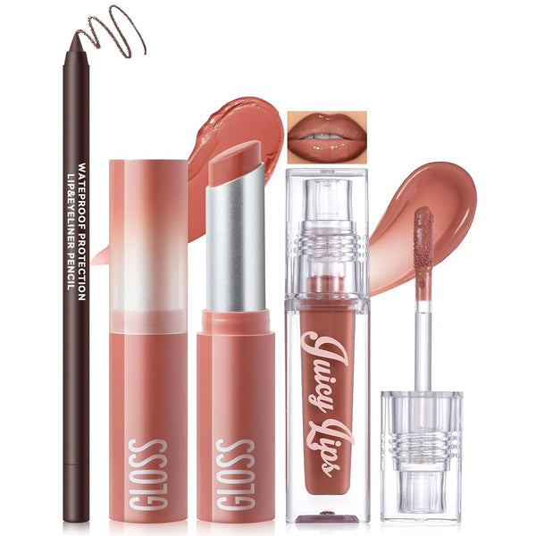 Noerrors 3Pcs Lip Combo Set, Lip Kit with Brown Plumping Lip Liner & Nourishing Lipstick & Nude Glossy Lip Gloss, Long-Lasting, Lightweight, Non-Sticky, Juicy Nude Pink Lip Contour Trio Set for Women