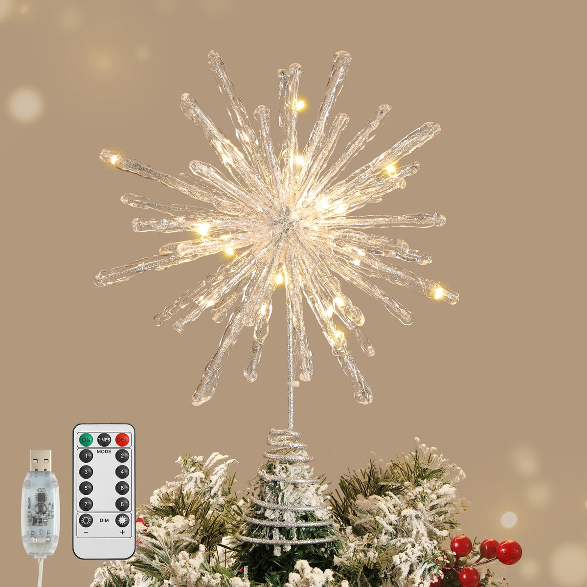 Lewondr Crystal Firework Christmas Tree Topper with Lights, Gold