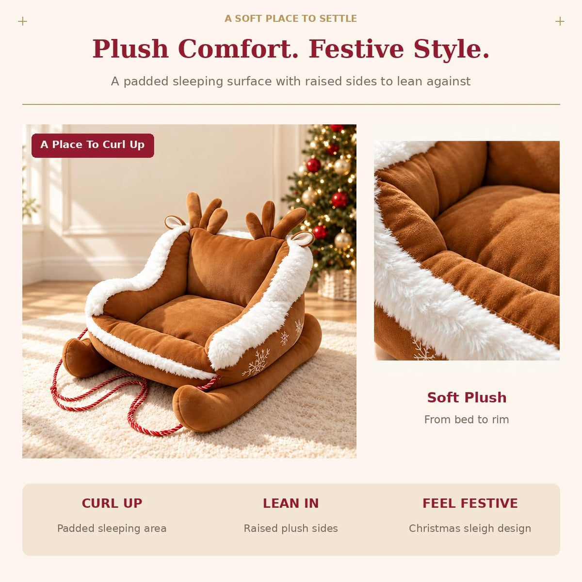 Christmas Dog Bed, Plush Santa Sleigh Sofa for Cats