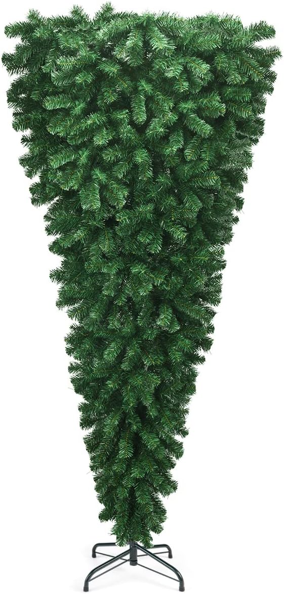 Goplus 7ft Upside Down Christmas Tree, Artificial Xmas Tree with Metal Stand, 1000 Branch Tips, Green Inverted PVC Tree for Indoor Outdoor Holiday Decoration