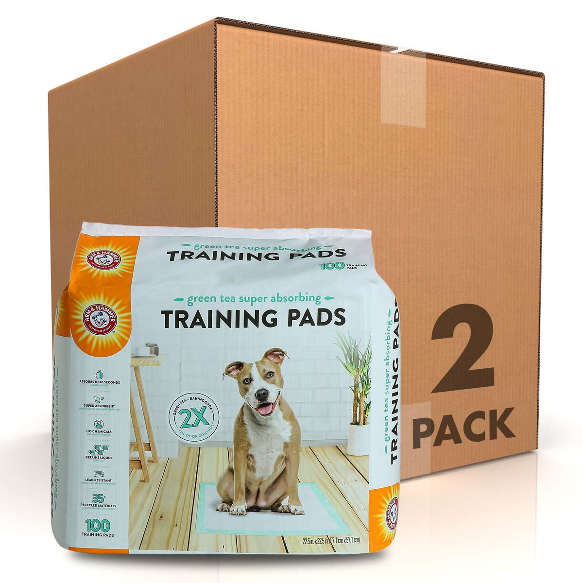 Arm & Hammer Green Tea Pet Training Pads, 200 Count, Super Absorbent with Green Tea and Baking Soda, 2X Odor Control, 5-Layer Leak-Proof Construction, 22.5 x 22.5 Inch