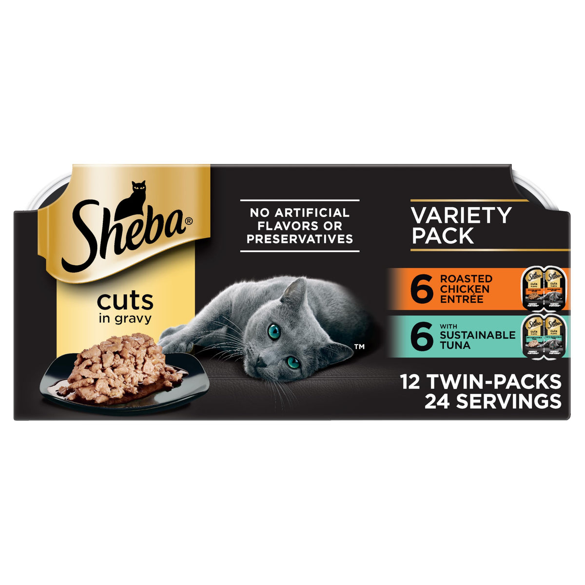 Sheba Perfect Portions Wet Cat Food Cuts in Gravy, Cat Food Wet Recipe, Roasted Chicken Entree, with Sustainable Salmon, Tender Turkey Entree, 2.6 oz. Twin-Pack Trays (24 Count, 48 Servings)