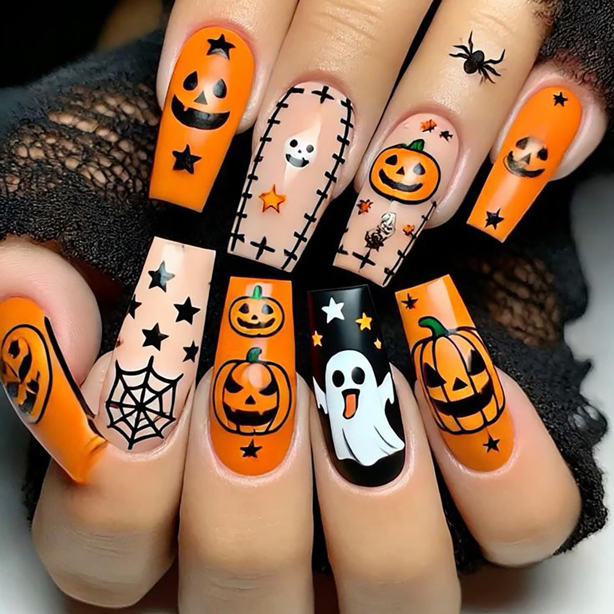 Pink Halloween Press on Nails Long Coffin Fake Nails Cute Ghost Bat Spider Web Design Glossy Acrylic Nails Reusable Stick on Nails Full Cover Artificial Nails Halloween Costume Party Daily Nail Decor