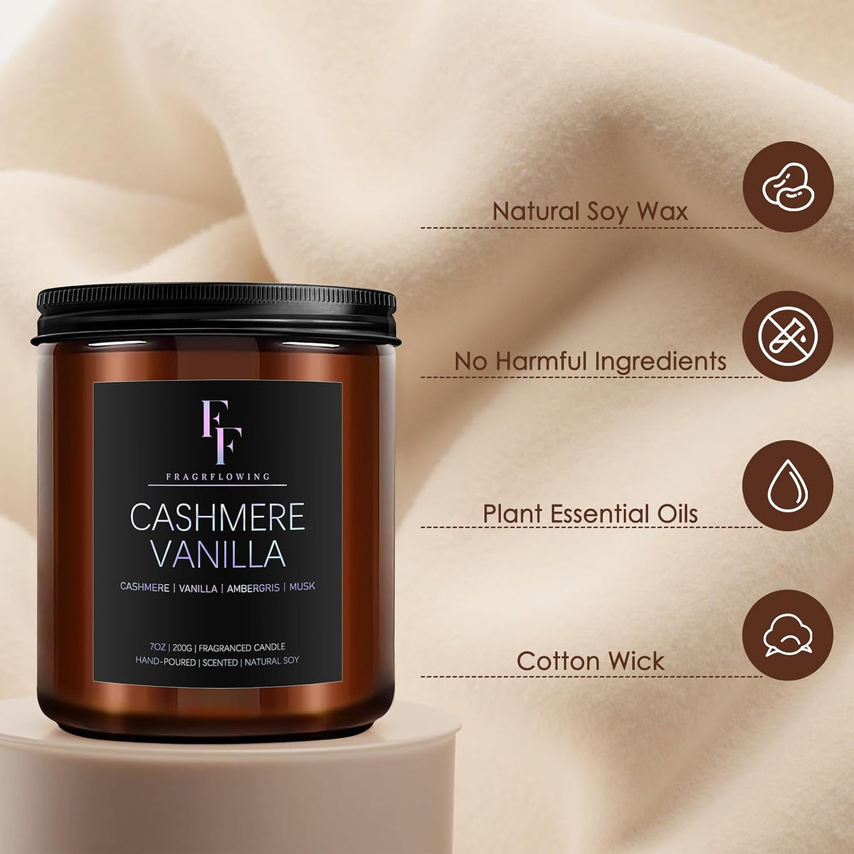 Cashmere Vanilla Scented Candle for Home Soy Wax Candle, Aromatherapy Candle Gift for Women Men, 7oz