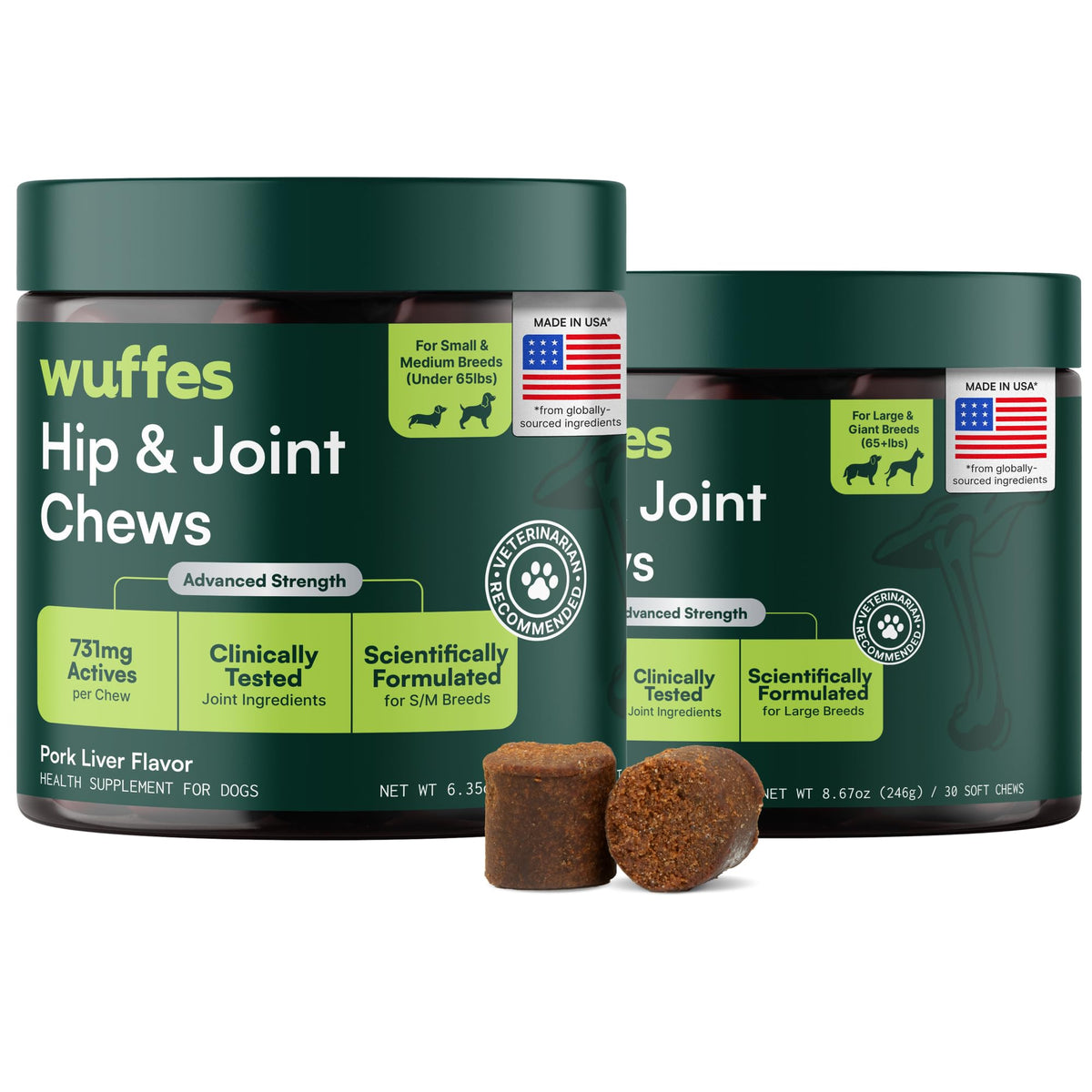 Wuffes Advanced Dog Hip and Joint Supplement with Glucosamine, Chondroitin, Omega 3, MSM, and Green Lipped Mussel, 60 Pork Flavored Chews for Small and Medium Dog Breeds