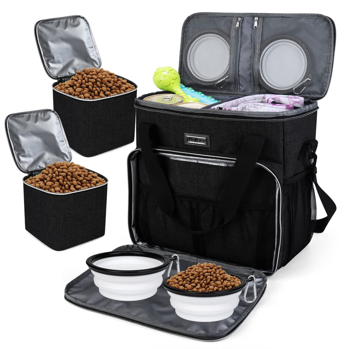 BAGLHER Pet Travel Set Airline-Approved Carrier for Small/Medium Cats & Dogs + Travel Bag with Food Containers & Silicone Bowls, Grey & Green