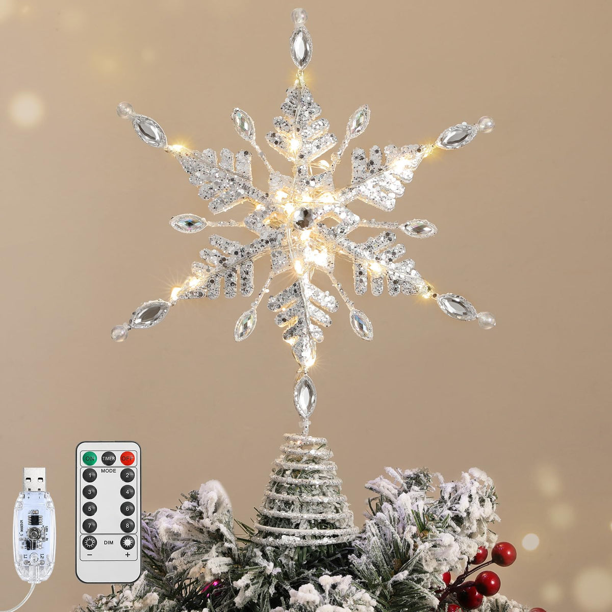 Lewondr Crystal Firework Christmas Tree Topper with Lights, Gold