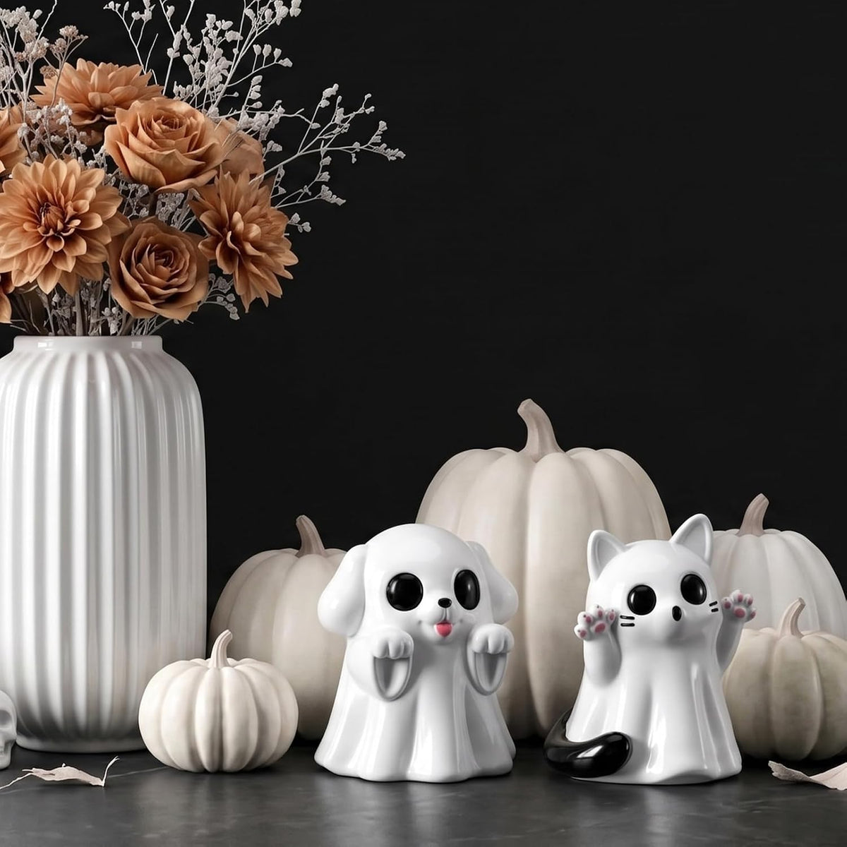 2Pcs Halloween Dog Cat Ghost Resin Figurines Statues Cute Spooky