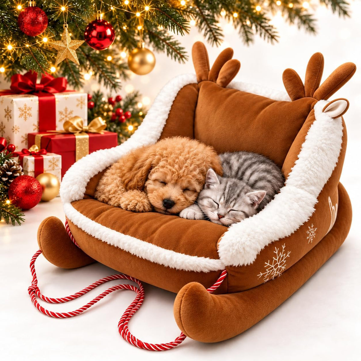 Christmas Dog Bed, Plush Santa Sleigh Sofa for Cats