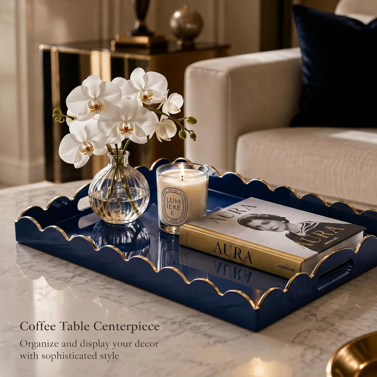 Gesodant Scalloped Glossy Plastic Lacquer Decorative Tray, 15.7 x 11.8 Inch Rectangle Serving Tray with Handles for Coffee Table, Ottoman, Bedroom Vanity, Living Room Centerpiece (Royal Blue & Gold)