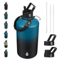 BJPKPK Half Gallon Insulated Water Bottles with Straw Lid & Side Handle, 64oz Large, Stainless Steel Water Bottles with 3 Lids and Paracord Strap, Metal Water Jug,Black
