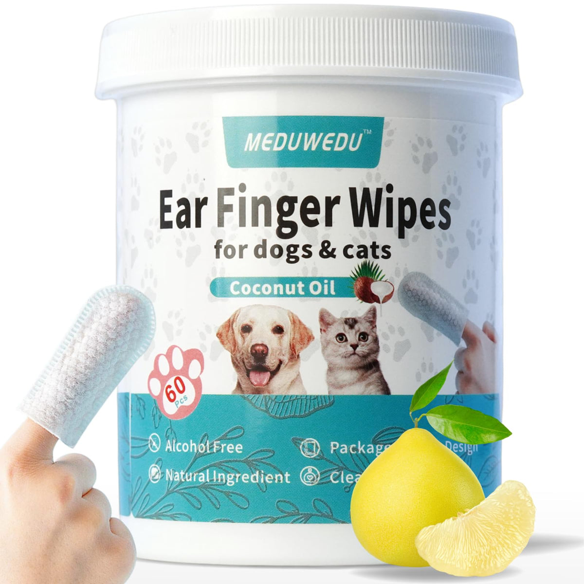 MEDUWEDU Ear Cleaner Finger Wipes 60 Counts, Dog Ear Cleaner, Grooming Kit Care for Dogs and Cats, Soft & Easy Otic Cleaning Pads, Remove Wax, Dirt & Stop Smelly, Itchy, Non-Irritating, Coconut Scent