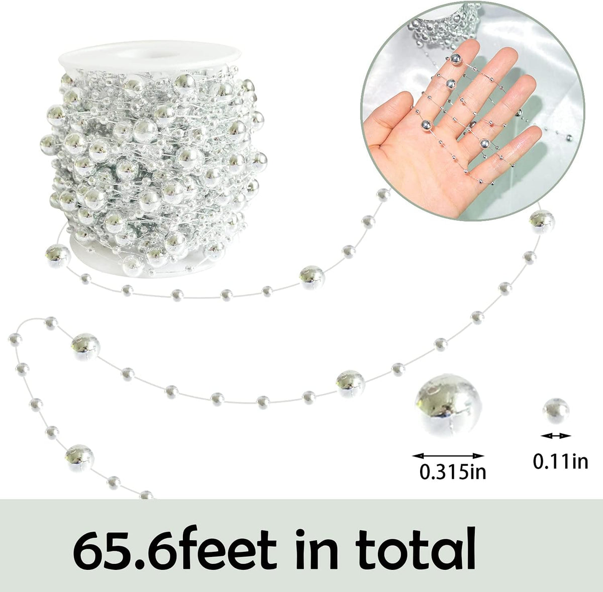 HADDIY Christmas Silvery Tree Beads Garland Decoration,66 Feet Pearl Strands Chain for Christmas Tree Decor,Crafts and Holiday Décor