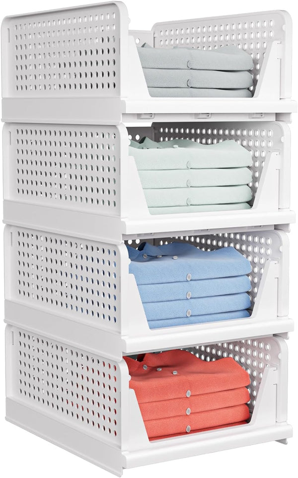 4 Pack Stackable Closet Storage Basket - Stackable Storage Bins | Multifunctional & Foldable Closet Organizer Waterproof, Wardrobe Cupboard Space-Saving Storage Drawer Organizer