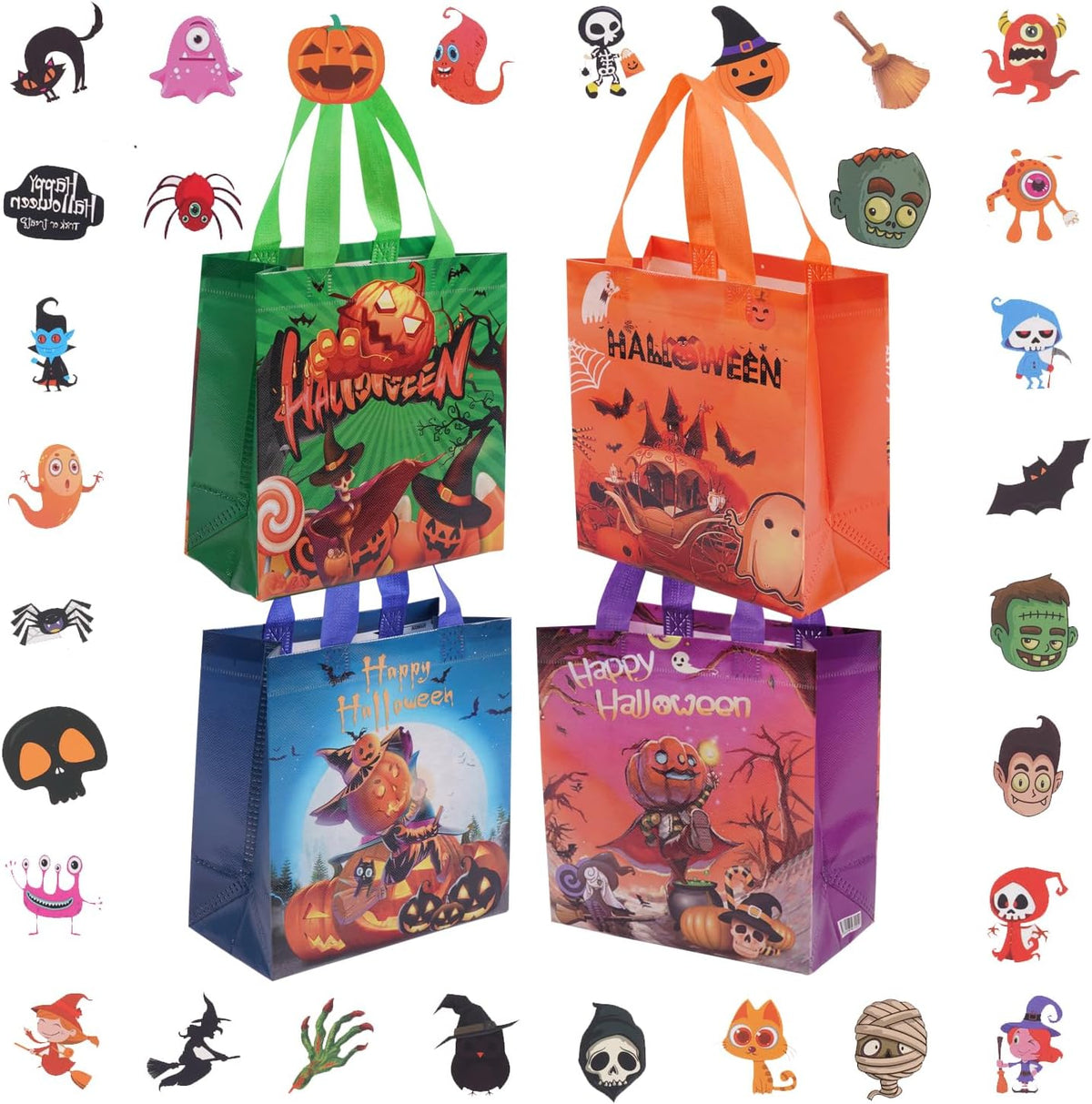 Lyforpyton 4Pcs Halloween Goodie Bags, Small Non-Woven Gift Bag with Handles, Suitable for Halloween Trick or Treat Party, 9"x8.6"x4.3"