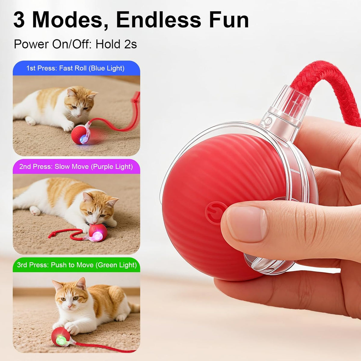 Smart Interactive Automatic Electric Rolling Moving Rechargeable Motion Activated Self Play Electronic Stimulation Chase Teaser Ball Toy with Rope for Indoor Bored Adult Cat and Dog, Red
