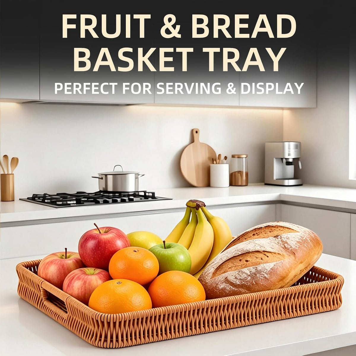 3PCS Hand-Woven 16“ Rattan Rectangular Serving Tray with Handles – Wicker Tray for Coffee Table Decor, Breakfast Basket, Drinks, Fruit, Snacks Organizer, Ottoman & Kitchen Counter Outdoor