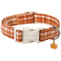 Fall Plaid Dog Collar with Maple Leaf Charm – Adjustable Autumn Checkered Dog Collar for Small Medium Large Dogs, Soft Cotton Puppy Collars with Quick Release Buckle and Metal D-Ring