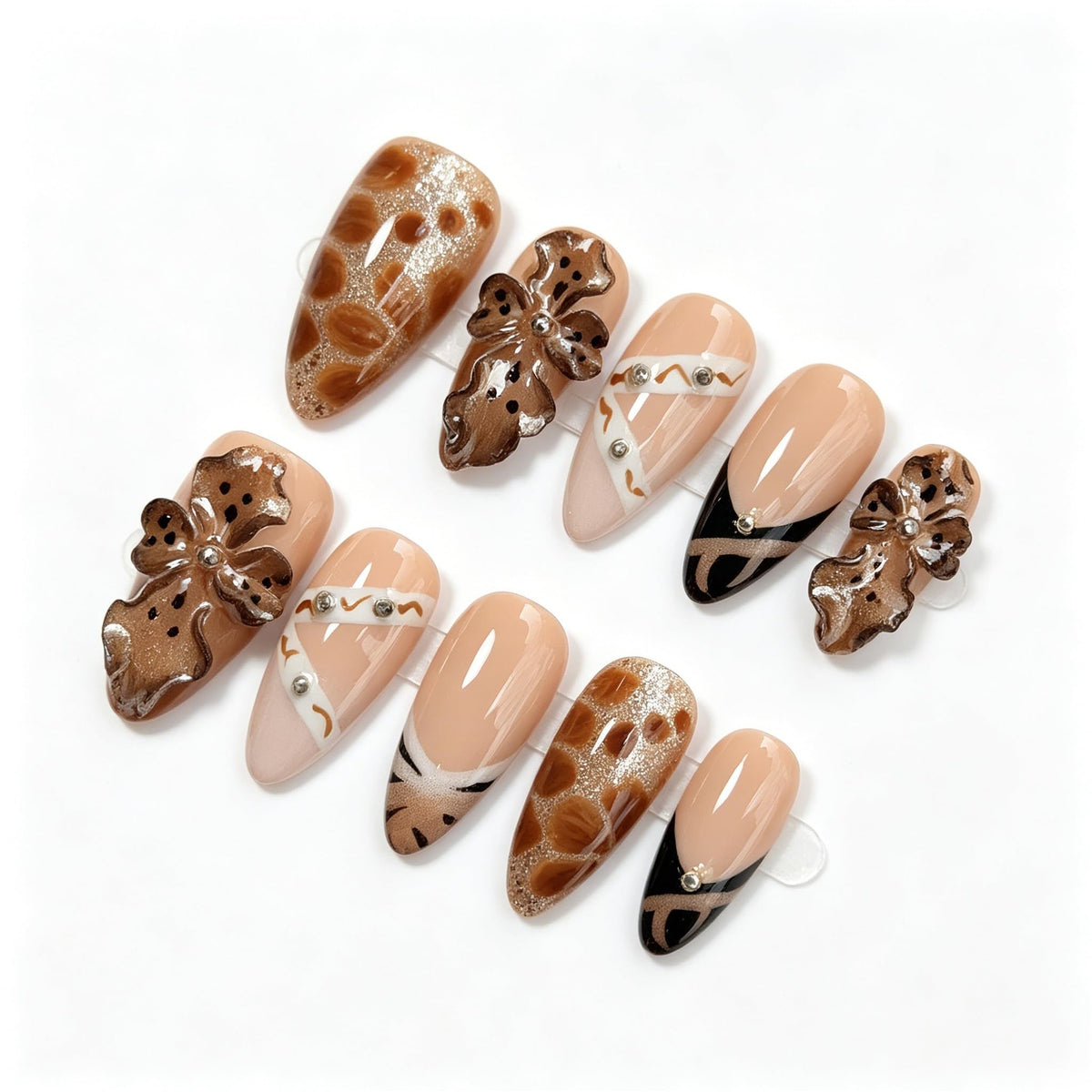 Luxury Handmade Press on Nails - Long Square White French Tips Press on Nail with Almond 3D Rhinestones, Flowers & Butterflies, Acrylic Multi-Layer Gel False Nails for Women (10Pcs Size M)